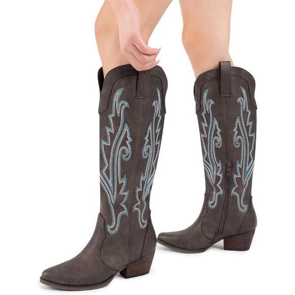 ⚡Women's Brown Knee High Boots Embroidered Pull On Side Zipper Chunky Heel - Picture 5 of 9